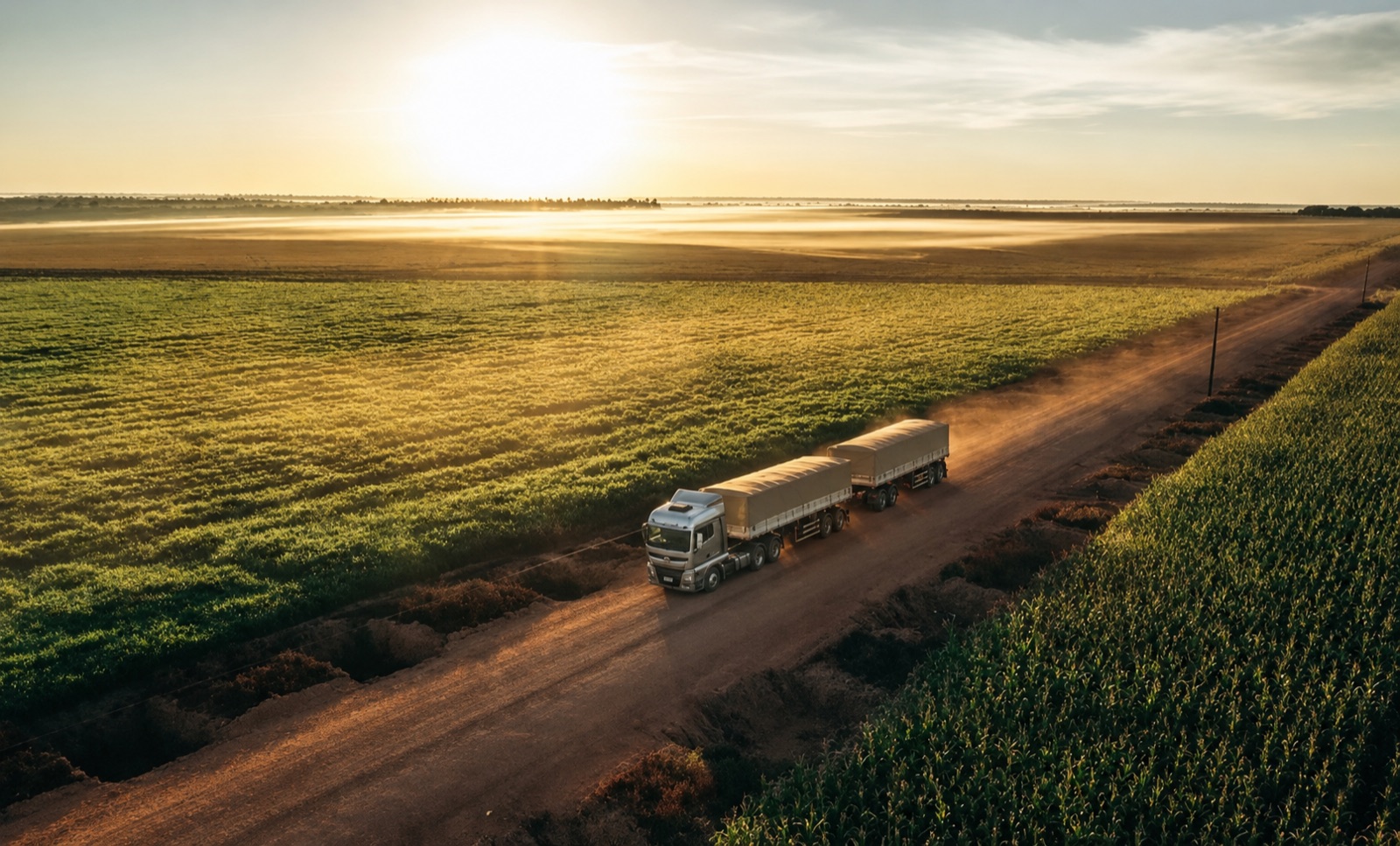 Camión cerealero transportando mercadería por un camino rural al atardecer